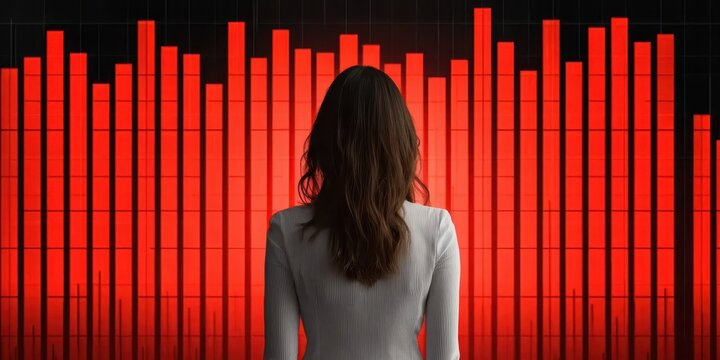 economy trade sustainability concept. A woman stands in front of a red data visualization, representing analytics or business insights.