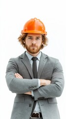 A professional young architect wearing a safety helmet, white background