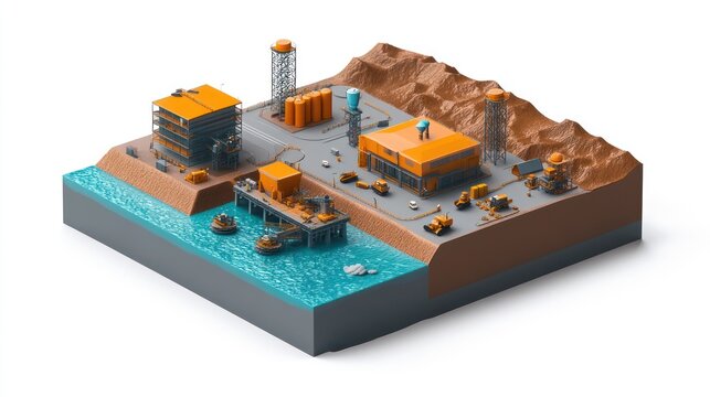 Isometric view of an offshore oil rig complex.  Colorful 3D model