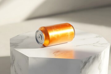 Cold soda can in pastel orange finish, lying on its side on a white marble platform with subtle shadows 