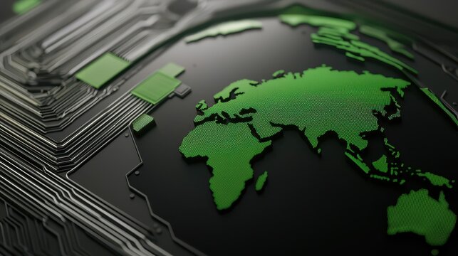 economy trade sustainability concept. Circuit board design featuring a green world map motif.