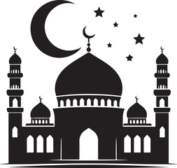 Mosque Silhouette with Crescent Moon and Stars Vector
