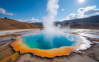 Blue Geothermal Water Pool in Brown Volcanic Landscape Under Sunny Sky. High quality