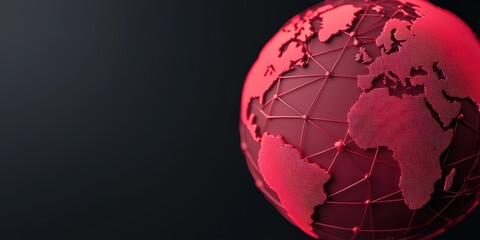 economy trade sustainability concept. 3D globe illustration with a network design in vibrant red against a dark background.