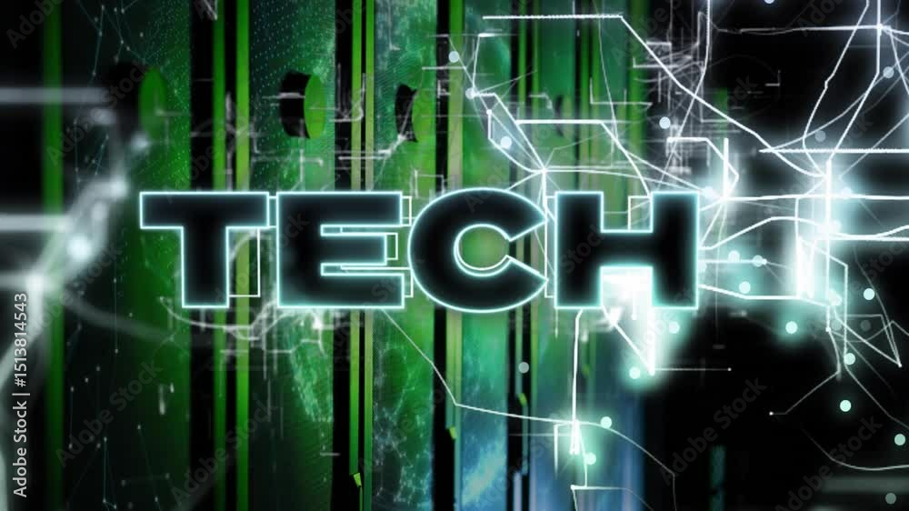 Poster shifting green panels sparking glitch-lines weaving, glowing tech text pulsing for visualizing data