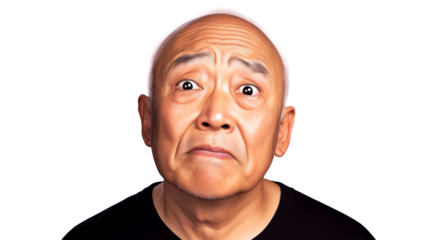 Asian older man with worried expression, cut out transparent