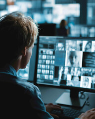 Synthetic identity fraud. Security officer analyzing AI anomalies in facial recognition technology.