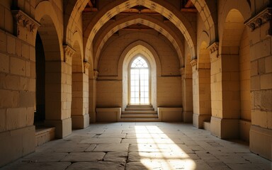 Sunlit Interior of an Aged Stone Building. High quality
