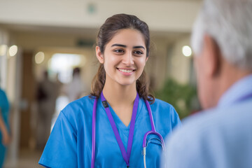 Caring healthcare professional engages warmly with an elderly patient in a hospital setting