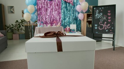 No people zoom-out shot of living room at family home with stylish blue and pink decorations for gender reveal party. Large cardboard box standing in middle of room, prepared for surprise announcement