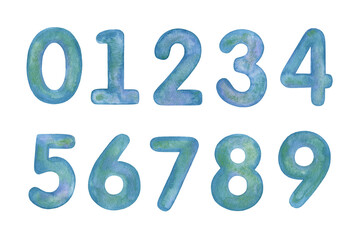 Hand painted watercolor blue numbers 0-9 isolated on a white background.