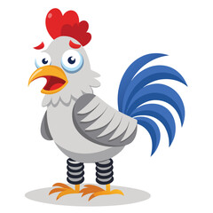 Cartoon rooster with blue tail and red comb displaying a surprised expression on a white background