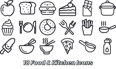 18 Food and Kitchen Icons: Apples, Bread, Burgers, Cakes, Chocolate, and More