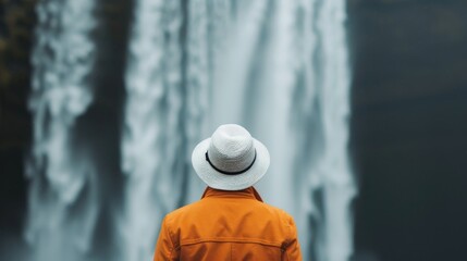 A silhouette of a person in a bright orange coat and straw hat, standing in awe before a stunning waterfall, representing the beauty and wonder of nature's elements in harmony.