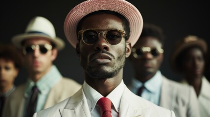 A stylish group of individuals wearing fashionable sunglasses and elegant outfits, embodying unique personalities and showcasing a sense of camaraderie in a chic environment.