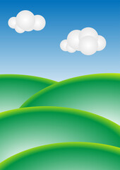 meadow green hills, clouds and blue sky, cute simple minimalist cartoon style