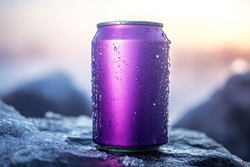 Icy purple can of sparkling drink with chilled effect and minimal light reflections, placed on smooth stone 