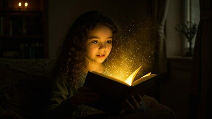 Young girl reading an enchanted book with glowing light at home - Powered by Adobe