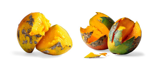 decayed Ripe Mangoes with Juicy Orange Flesh on a Transparent Background