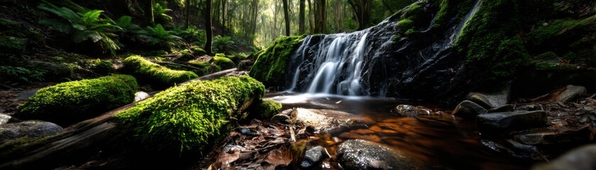 Fototapeta premium Cascading waterfall lush forest landscape photography tranquil environment wide angle nature's serenity