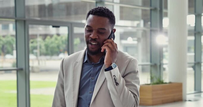 Business, black man or happy with phone call in office building for feedback, good news or advice. Financial advisor, employee and talking to client for networking, discussion or contract negotiation - Powered by Adobe