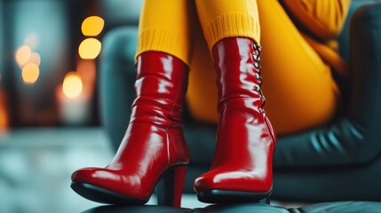 A close-up view of striking red boots paired with bright yellow pants, symbolizing fashion and personal style within a warm and inviting atmosphere.