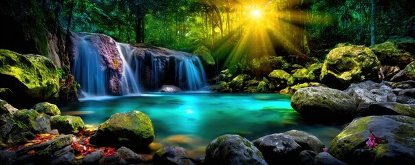 Serene waterfall cascading in lush forest nature landscape photography vibrant colors tranquil environment