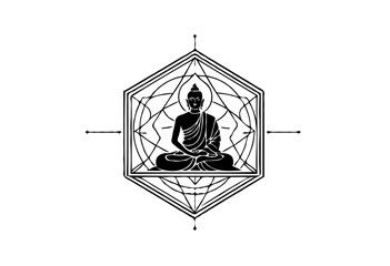 Serene Buddha figure meditating in a lotus pose within an intricate hexagonal geometric frame on a light grey gradient background, with spaces for text.