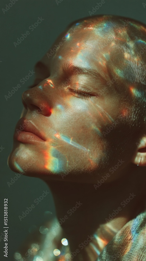 Poster A model with a buzzcut is highlighted by colorful holographic patterns reflecting on their face. The soft lighting creates an artistic and calming atmosphere, emphasizing the unique aesthetic