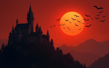 A Flock of Bats Flying Against a Red Sunset Over a Medieval Castle. High quality