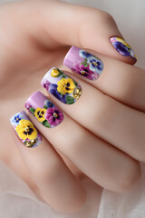 Naklejka premium Flower-inspired nail art design showcasing vibrant pansy patterns on a pastel background with embellishments