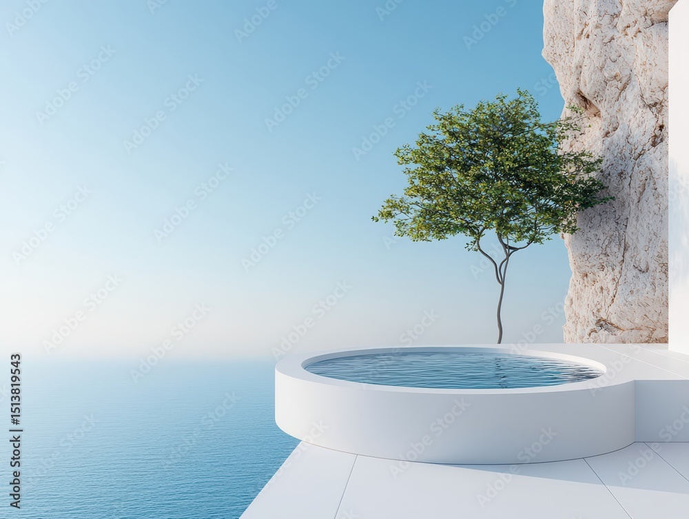 Poster tub deck waterfall concept. minimalist scene featuring a tree by a circular pool overlooking a tranq