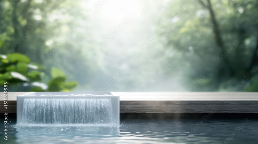 Poster tub deck waterfall concept. stylish waterfall feature in a serene natural setting surrounded by lush