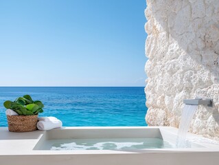 Obraz premium Tub deck waterfall concept. A serene outdoor jacuzzi with ocean view and lush greenery beside it.
