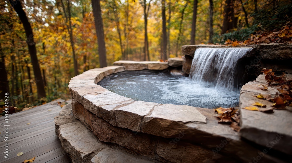 Poster tub deck waterfall concept. serene spa with a waterfall surrounded by autumn foliage in a tranquil f