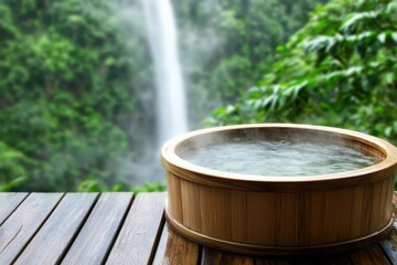 Fototapeta premium Tub deck waterfall concept. Serene bamboo tub overlooking a lush green waterfall in a tranquil setting.