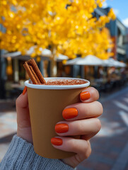 Cozy autumn delight with a warm drink amidst vibrant yellow leaves in a charming outdoor setting