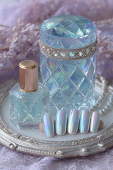 Elegant display of iridescent nail polish and accessories on a delicate lace backdrop showcasing beauty and glamour