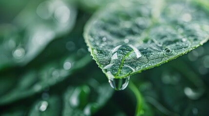 A close-up view of a fresh green leaf with glistening dewdrops, illustrating nature's beauty and the intricate details of plant life, perfect for nature enthusiasts.
