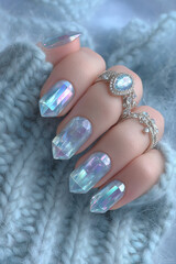 Stunning crystal-inspired nail art embellished with rings during a cozy winter setting