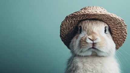 Obraz premium A cute rabbit wears a charming straw hat in a whimsical style against a soft backdrop, highlighting the playful nature of pets and their capacity to bring joy to our lives.