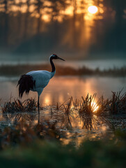 Elegant crane stands poised by the water's edge as gentle sunlight breaks through a misty dawn