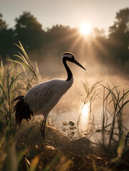 Graceful crane standing by a misty pond at sunrise captures the serenity of nature's early light and tranquil beauty