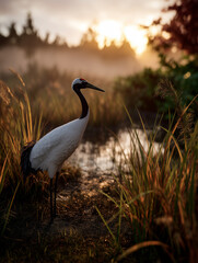 Majestic crane stands gracefully by the water as the sun rises behind a misty landscape