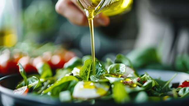 A vibrant salad being drizzled with olive oil depicts the essence of healthful eating, showcasing fresh greens and tomatoes, ideal for promoting healthy lifestyle choices.