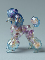Colorful glass sculpture of a poodle adorned with delicate flowers in a creative artistic display