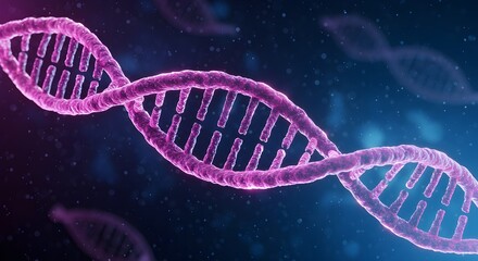 Futuristic 3D DNA double helix structure with glowing effects on blue background for genetic research
