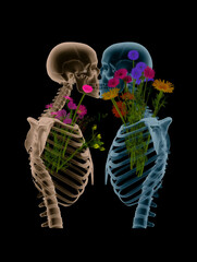 Embracing life and love through the fusion of skeletons and vibrant flowers in an artistic display of nature and mortality