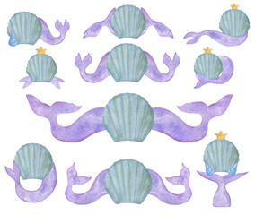 Watercolor Mermaid Tails Banners, Hand painted illustration on white background.