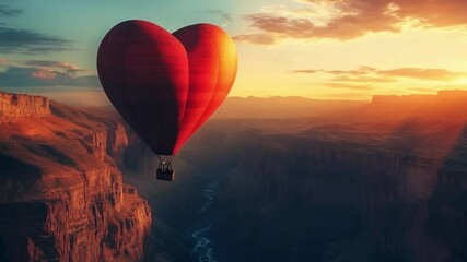 Heart-shaped hot air balloon soaring over a canyon at sunset, creating a romantic atmosphere